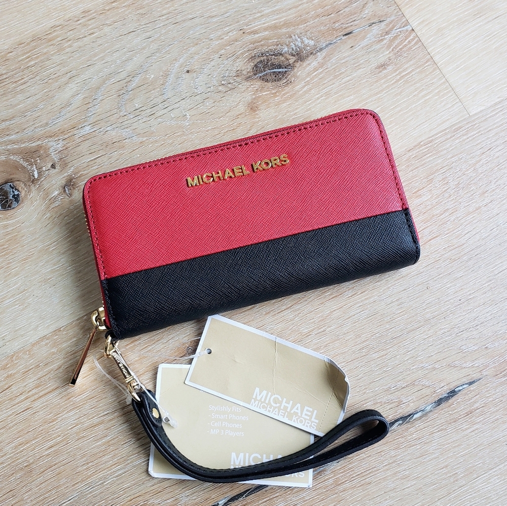 Michael Kors Red and Black Jet Set Travel Wallet